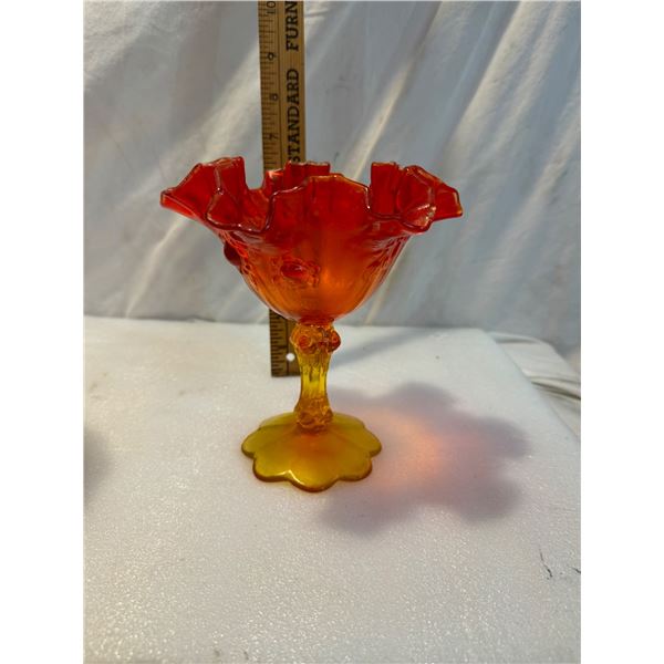 Vintage MCM Glass Vase Amberina Red Orange Glass Ruffled Top Mid Century Modern