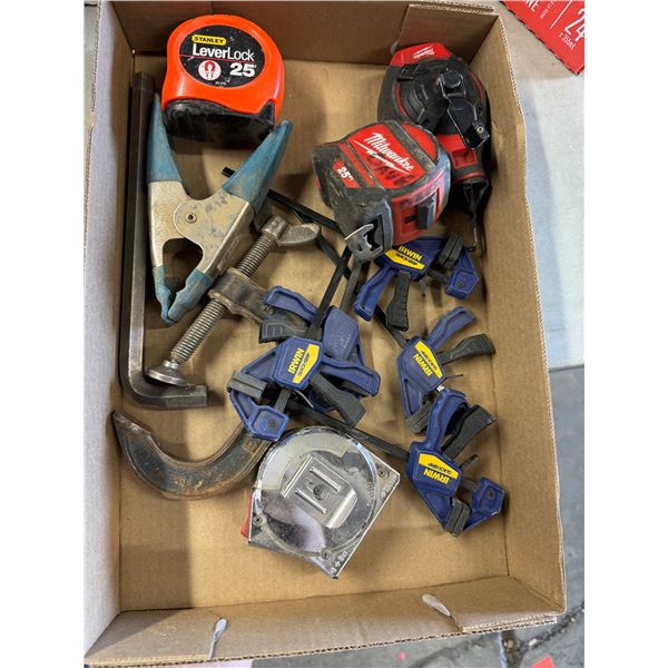 Tape measure chalk line clamps