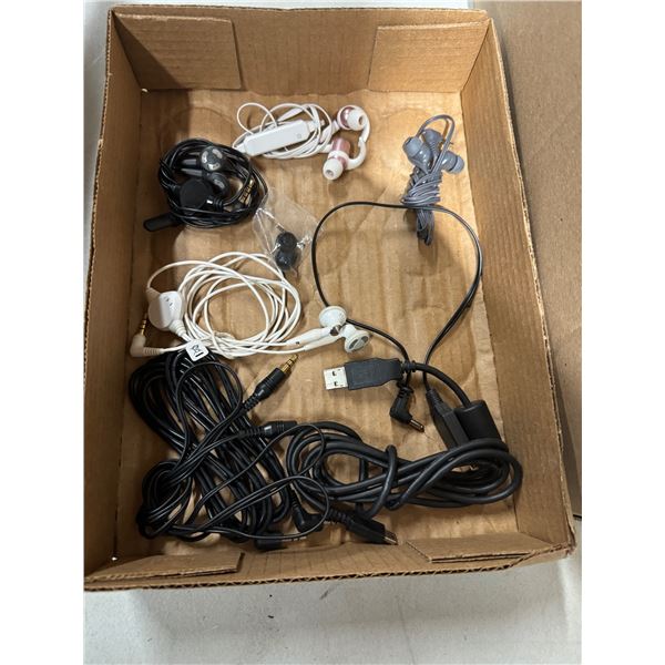 Assorted headphones and other