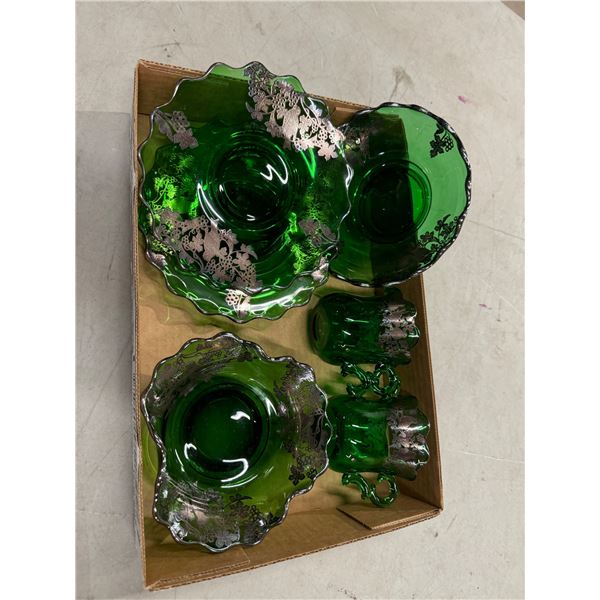 Silver overlay vintage green dishware