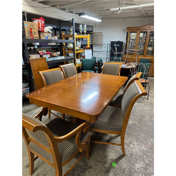 Table and8 chairs with 2 leafs measurements in pictures with table protectors