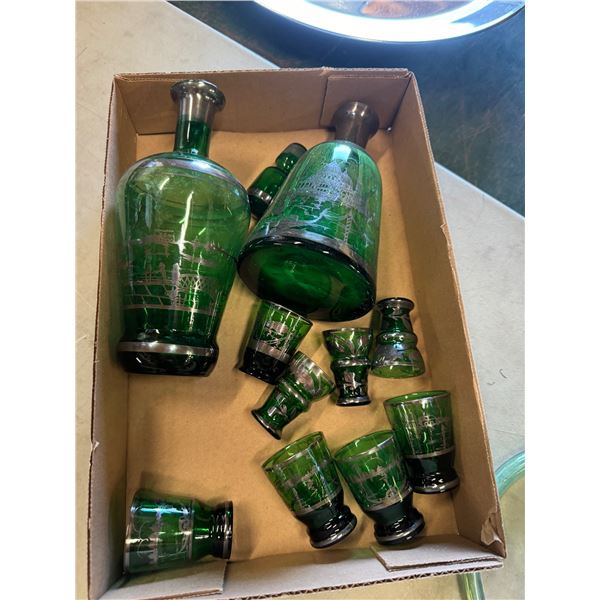 Vintage green glass with silver overlay decanters and glasses