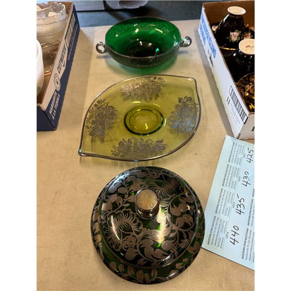 Vintage green glassware with silver overlay
