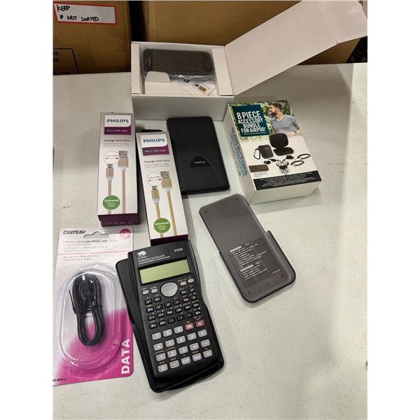 Samsung phone and charging cords and other electronics and calculators