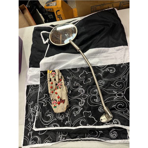 Pillow shams mirror, and yard art