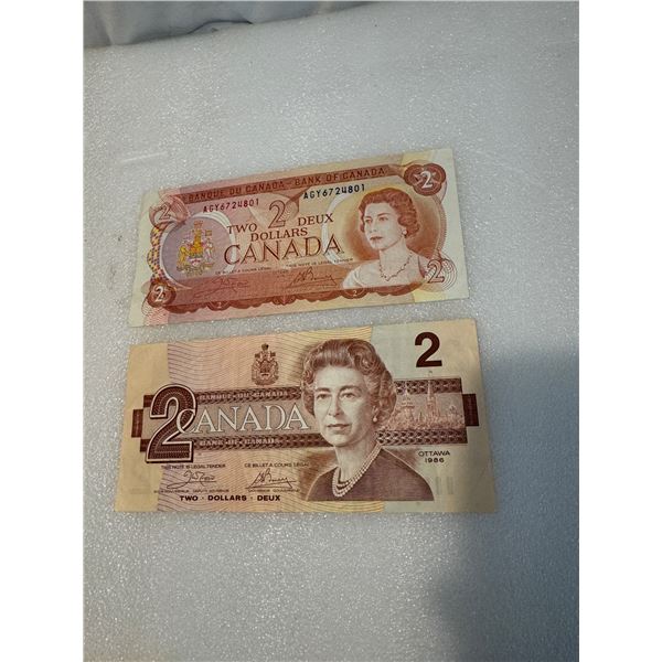 1974, 1986 two dollar bills