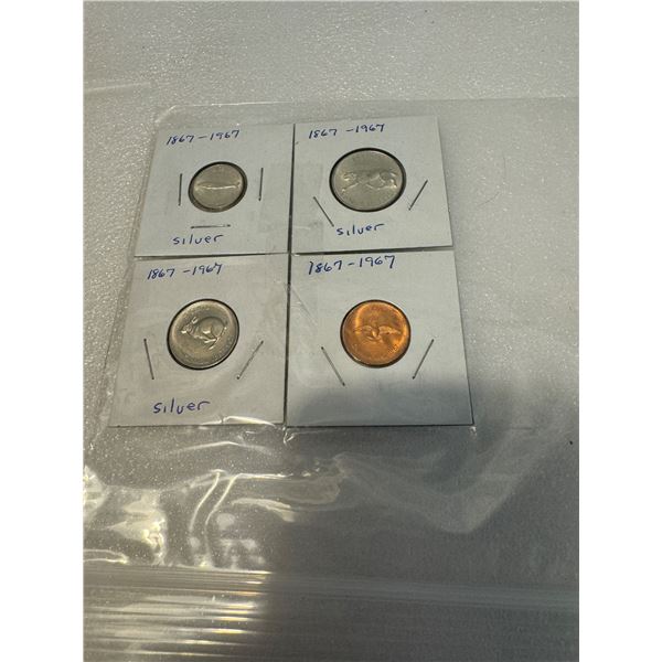 18 67–1967 penny, nickel, silver dime, silver quarter