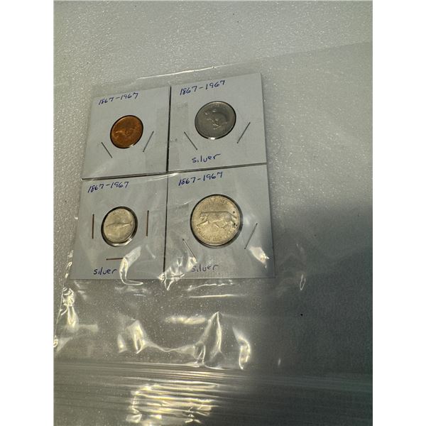 18 67–1967 penny, nickel, silver dime, silver quarter