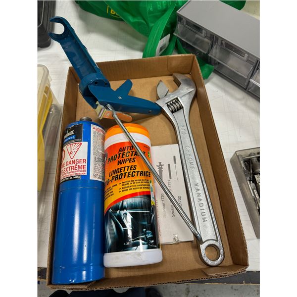 Large crescent, wrench, and other items