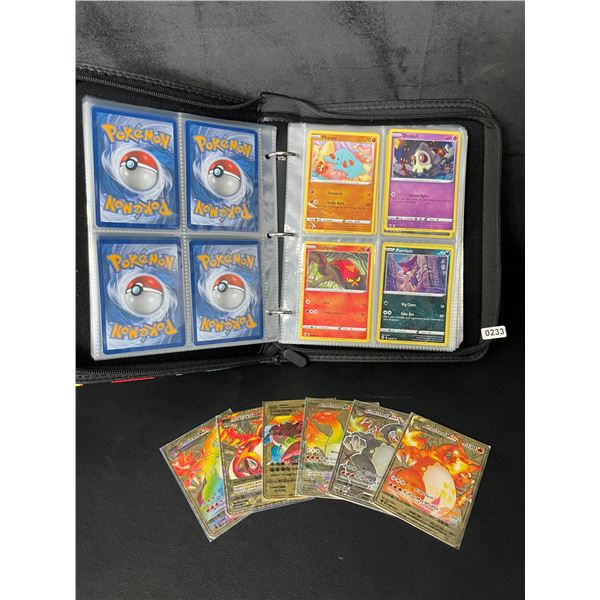Lot of 1 Binder of Authentic Pokemon Trading Cards (100 Cards) + 6 Metal Fan Art Cards
