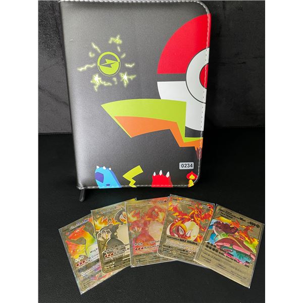 Lot of 1 Binder of Authentic Pokemon Trading Cards (100 Cards) + 6 Metal Fan Art Cards