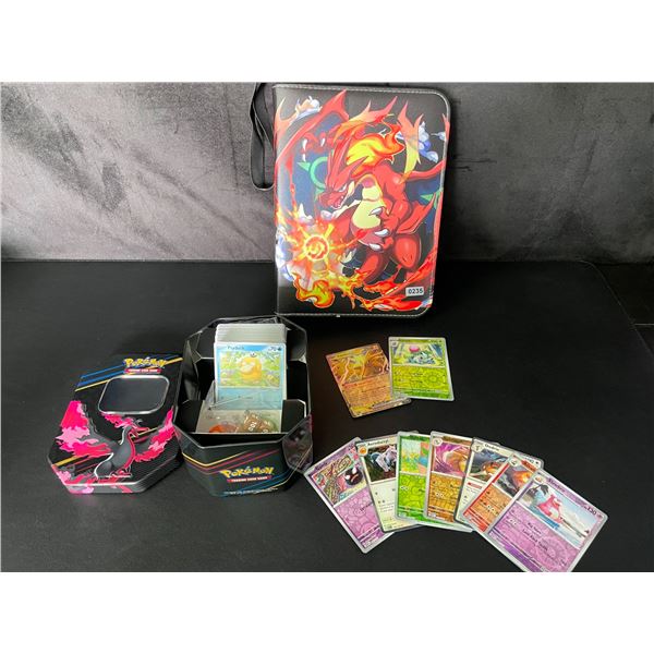 Lot of 1 Charizard Leather Pokemon Binder + 110 Authentic Pokemon Cards (10 Holos) + Storage Tin