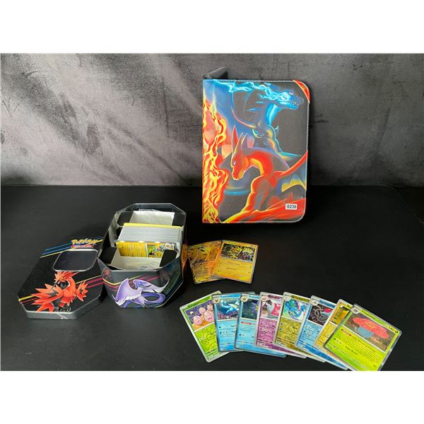 Lot of 1 Charizard Leather Pokemon Binder + 110 Authentic Pokemon Cards (10 Holos) + Storage Tin
