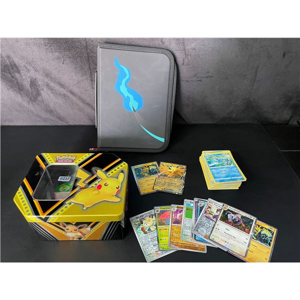 Lot of 1 Leather Pokemon Binder + 100+ Authentic Pokemon Cards (10+ Holos) + Storage Tin