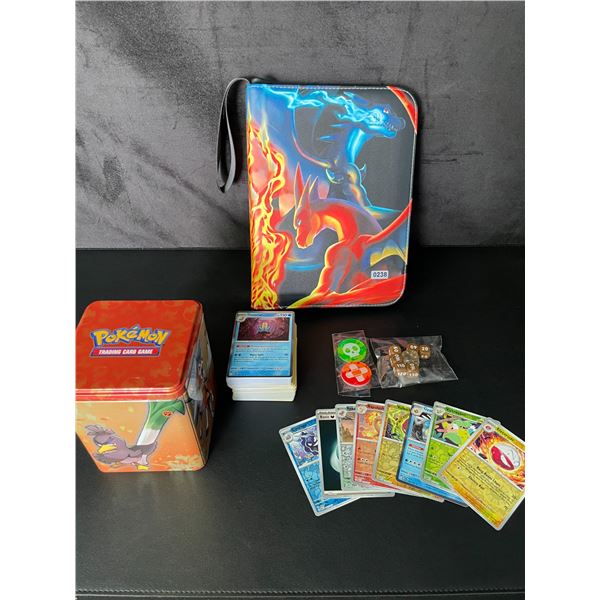Lot of 1 Leather Pokemon Binder + 100+ Authentic Pokemon Cards (10+ Holos) + Storage Tin