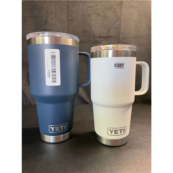 Lot of 2 YETI Rambler Tumbler Mugs w/ Handles - Missing Mag Sliders *See Description - Navy & White