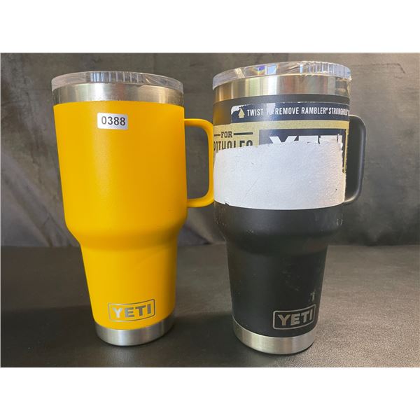 Lot of 2 YETI Rambler Tumbler Mugs w/ Handles - Need Mag Sliders *See Description - Yellow & Black