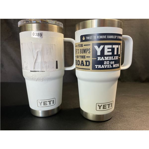 Lot of 2 YETI Rambler Tumbler Mugs w/ Handles - Missing Mag Sliders *See Description - White