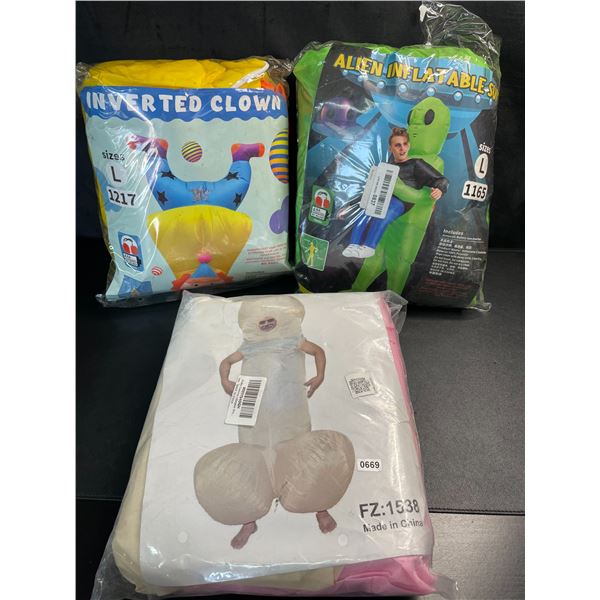 Lot of 3 Assorted Inflatable Adult Costumes - Clown, Alien, and Penis