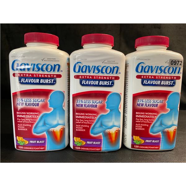 Lot of 3 Gaviscon Extra Strength - For Acid Reflux & Heartburn - 120 Tabs Each - Fruit Blast