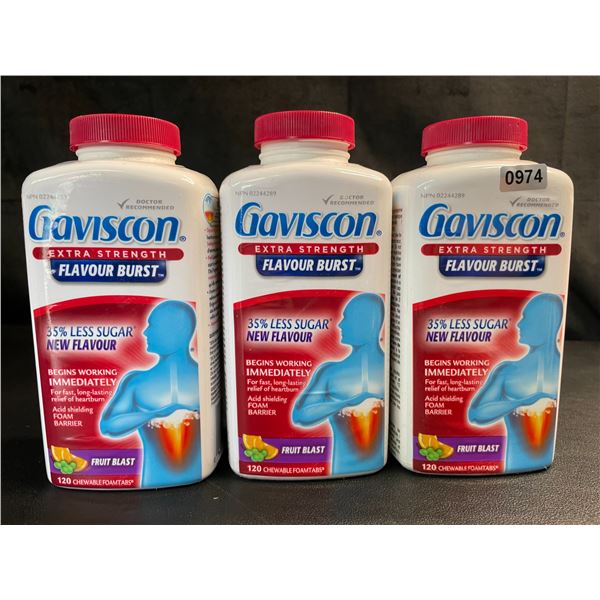 Lot of 3 Gaviscon Extra Strength - For Acid Reflux & Heartburn - 120 Tabs Each - Fruit Blast