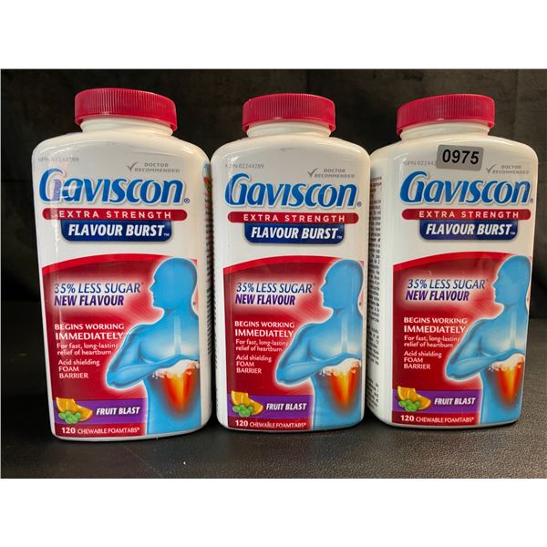 Lot of 3 Gaviscon Extra Strength - For Acid Reflux & Heartburn - 120 Tabs Each - Fruit Blast