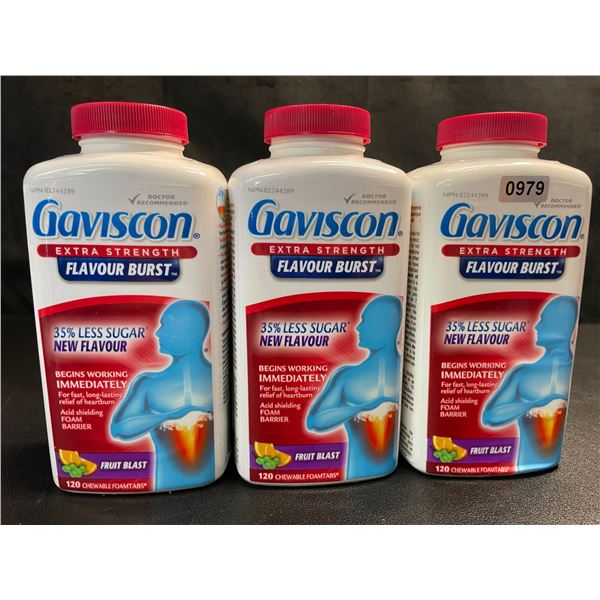 Lot of 3 Gaviscon Extra Strength - For Acid Reflux & Heartburn - 120 Tabs Each - Fruit Blast