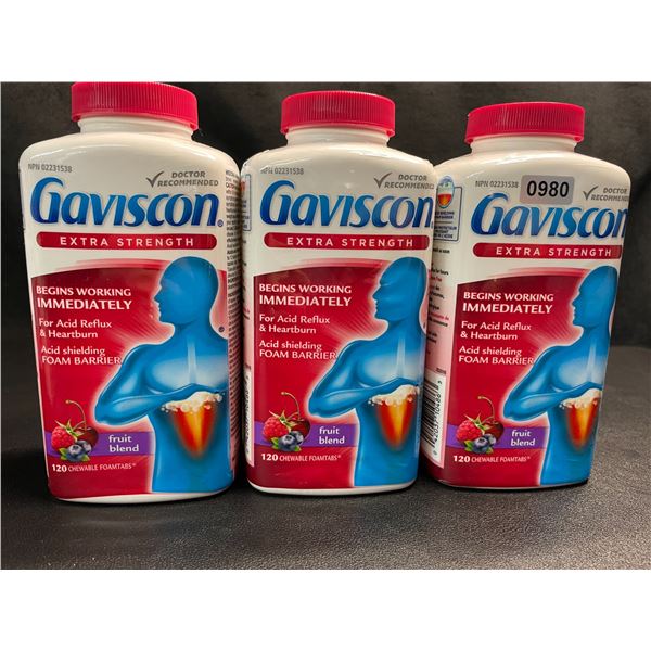 Lot of 3 Gaviscon Extra Strength - For Acid Reflux & Heartburn - 120 Tabs Each - Fruit Blast