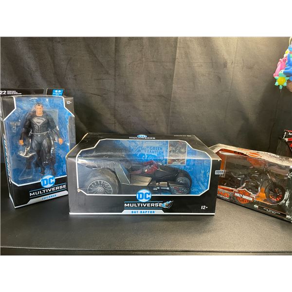 Lot of 3 Assorted Collectible Toys - DC Multiverses Bat-Raptor, Superman, & Harley Davidson - NEW