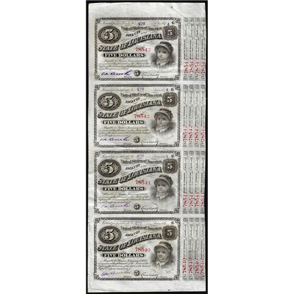 Uncut Sheet of (4) State of Louisiana Baby Bond Obsolete Notes