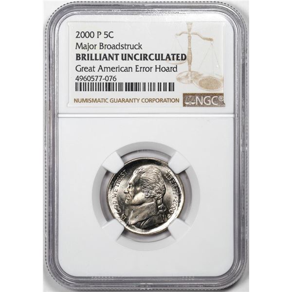 2000-P Jefferson Nickel Coin Error Major Broadstruck NGC Brilliant Uncirculated