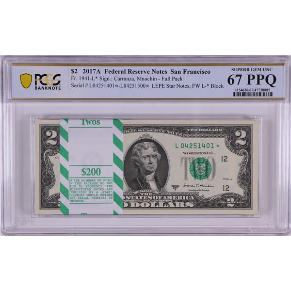 Pack of 2017A $2 Federal Reserve STAR Notes SF Fr.1941-L* PCGS Superb Gem UNC 67PPQ