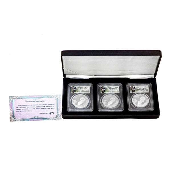 2020 China 10 Yuan Silver Panda (3) Coin Set PCGS MS70 Shanghai Mint w/COA