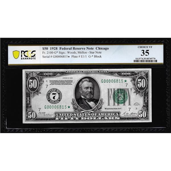 1928 $50 Federal Reserve STAR Note Chicago Fr.2100-G* PCGS Choice VF 35