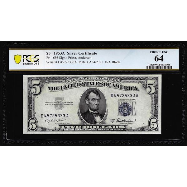 1953A $5 Silver Certificate Note Fr.1656 PCGS Choice Uncirculated 64