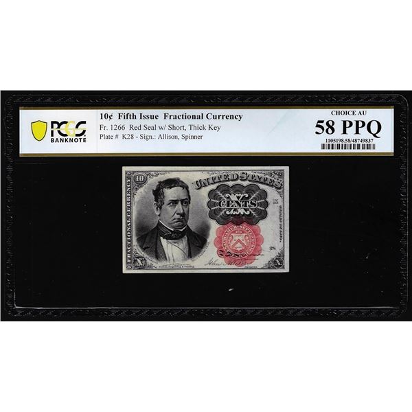 1874 Fifth Issue Ten Cents Fractional Currency Note Fr.1266 PCGS Choice AU 58PPQ