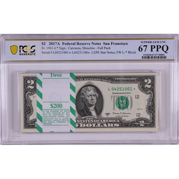 Pack of 2017A $2 Federal Reserve STAR Notes SF Fr.1941-L* PCGS Superb Gem UNC 67PPQ