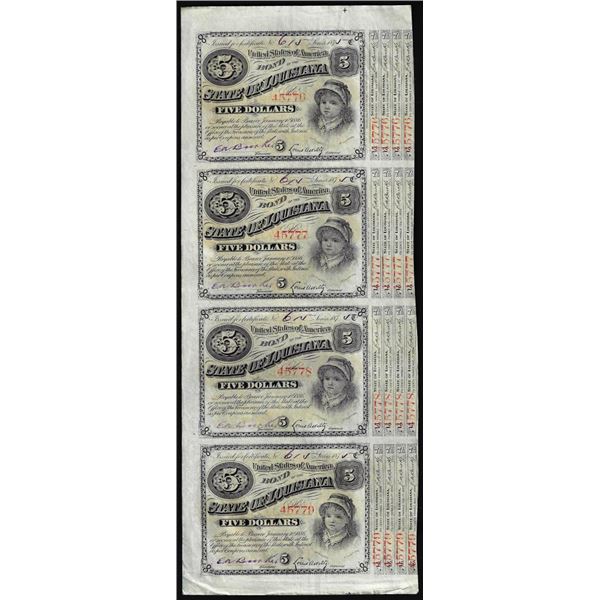 Uncut Sheet of (4) State of Louisiana Baby Bond Obsolete Notes