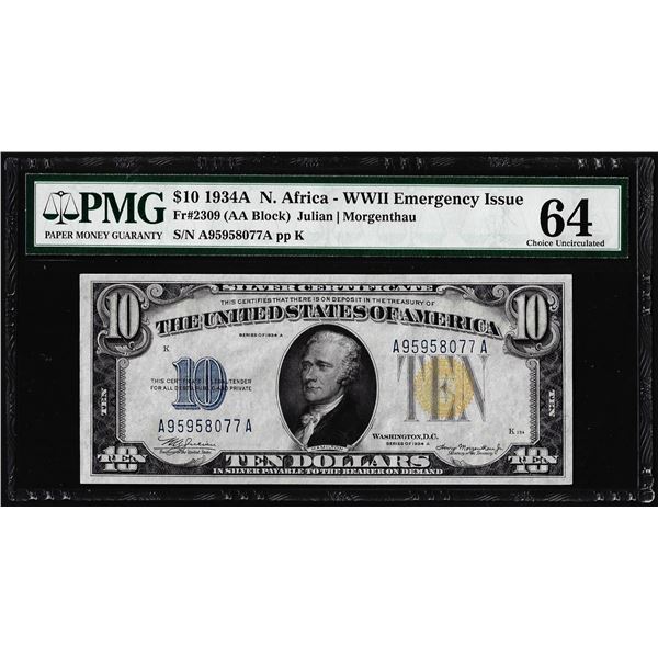 1934A $10 North Africa WWII Silver Certificate Note Fr.2309 PMG Choice Uncirculated 64