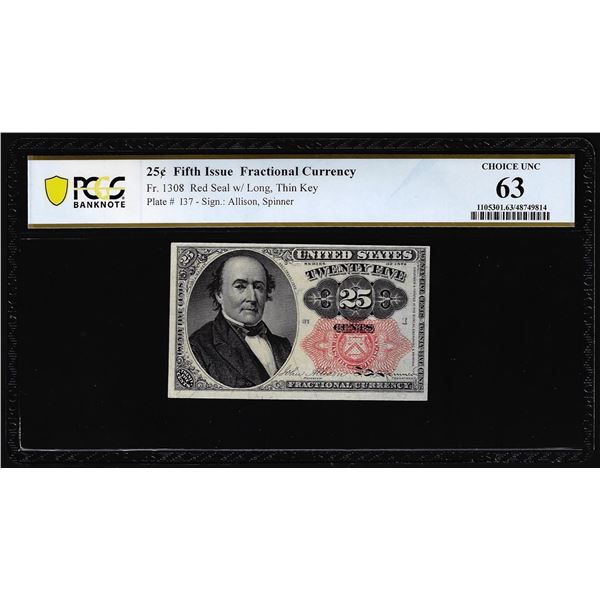 1874 Fifth Issue Twenty-Five Cents Fractional Currency Note Fr.1308 PCGS Choice Unc 63