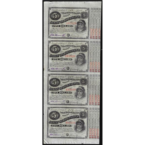 Uncut Sheet of (4) State of Louisiana Baby Bond Obsolete Notes