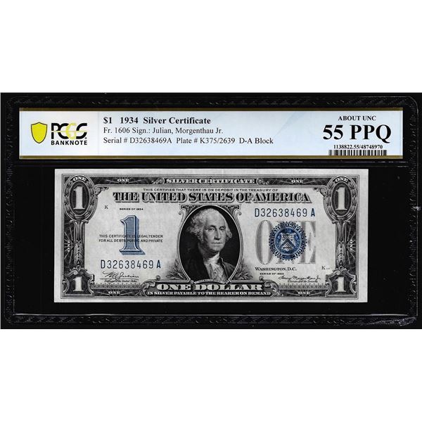 1934 $1 Funnyback Silver Certificate Note Fr.1606 PCGS About Uncirculated 55PPQ