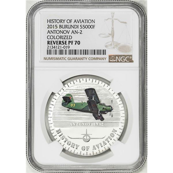 2015 Burundi 5000 Francs Aviation History Antonov AN-2 Silver Coin NGC Reverse PF70