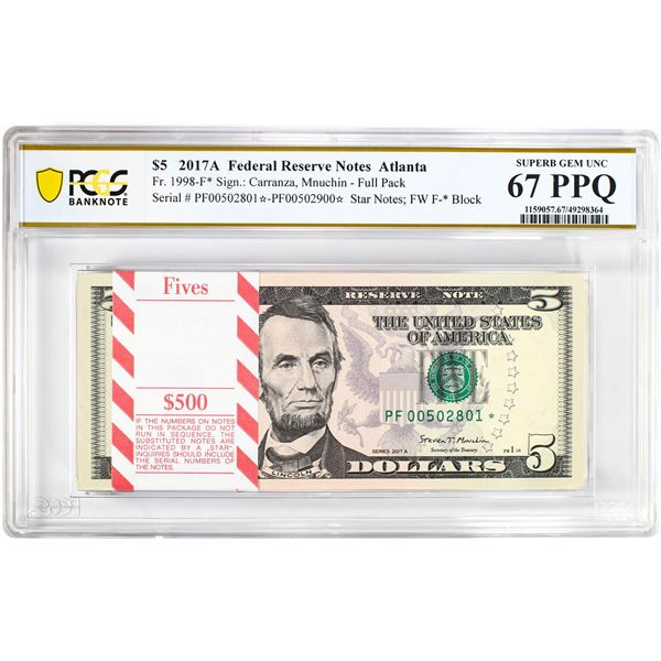 Pack 2017A $5 Federal Reserve STAR Notes Atlanta Fr.1998-F* PCGS Superb Gem UNC 67PPQ