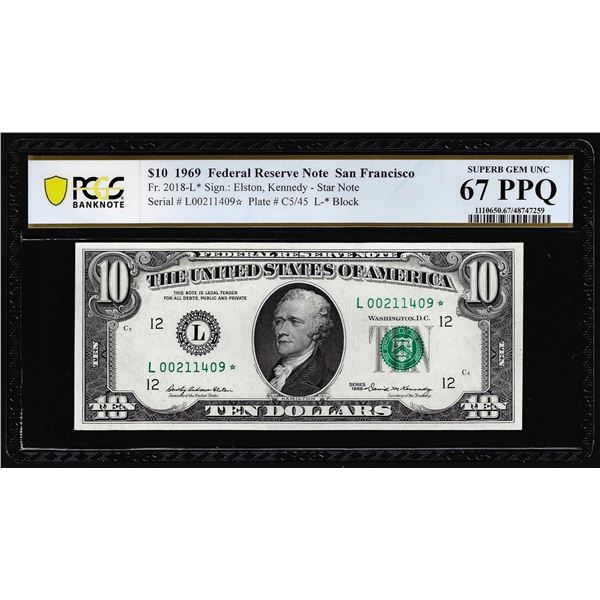 1969 $10 Federal Reserve STAR Note Fr.2018-L* PCGS Superb Gem Unc 67PPQ Top Pop