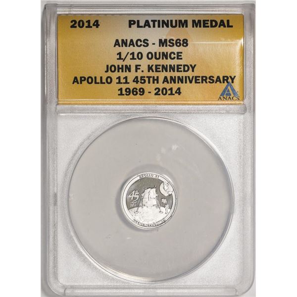 2014 Proof 1/10 oz Platinum JFK Apollo 11 Anniversary Medal ANACS MS68