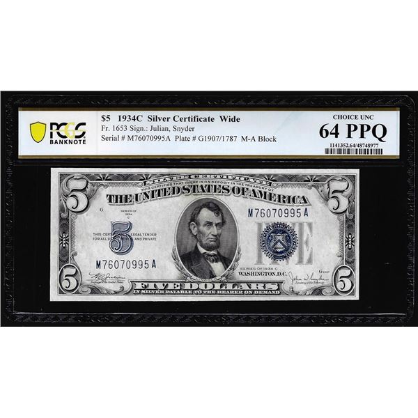 1934C $5 Silver Certificate Note Fr.1653 Wide PCGS Choice Uncirculated 64PPQ
