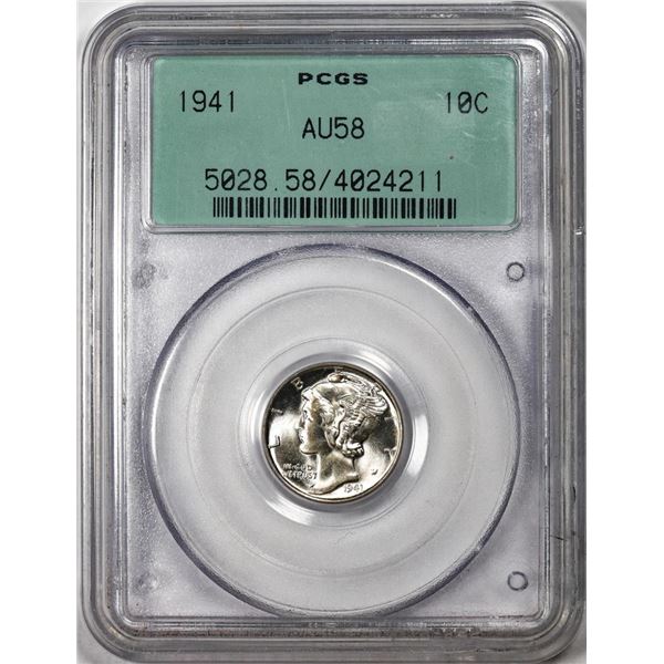1941 Mercury Dime Coin PCGS AU58 Old Green Holder