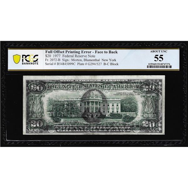 1977 $20 Federal Reserve Note Fr.2072-B Full Offset Printing Error PCGS About Unc 55