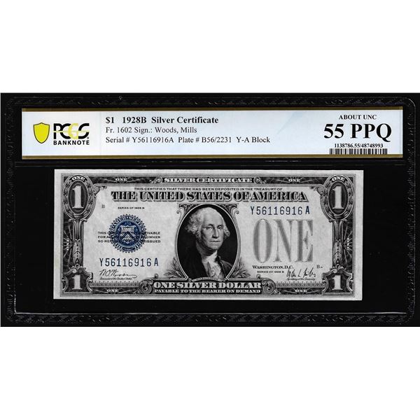 1928B $1 Funnyback Silver Certificate Note Fr.1602 PCGS About Uncirculated 55PPQ